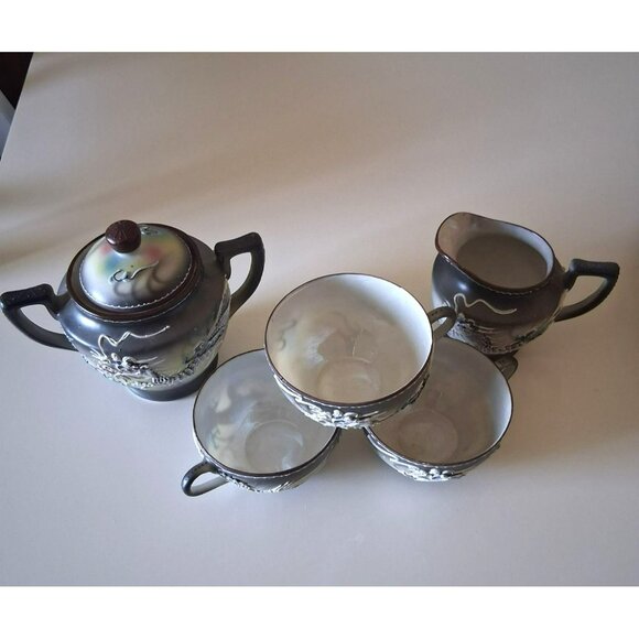 Vintage Japanese Dragon Tea Set Sugar Bowl Creamer 3 Cups  Hand-Painted Moriage - Picture 5 of 16